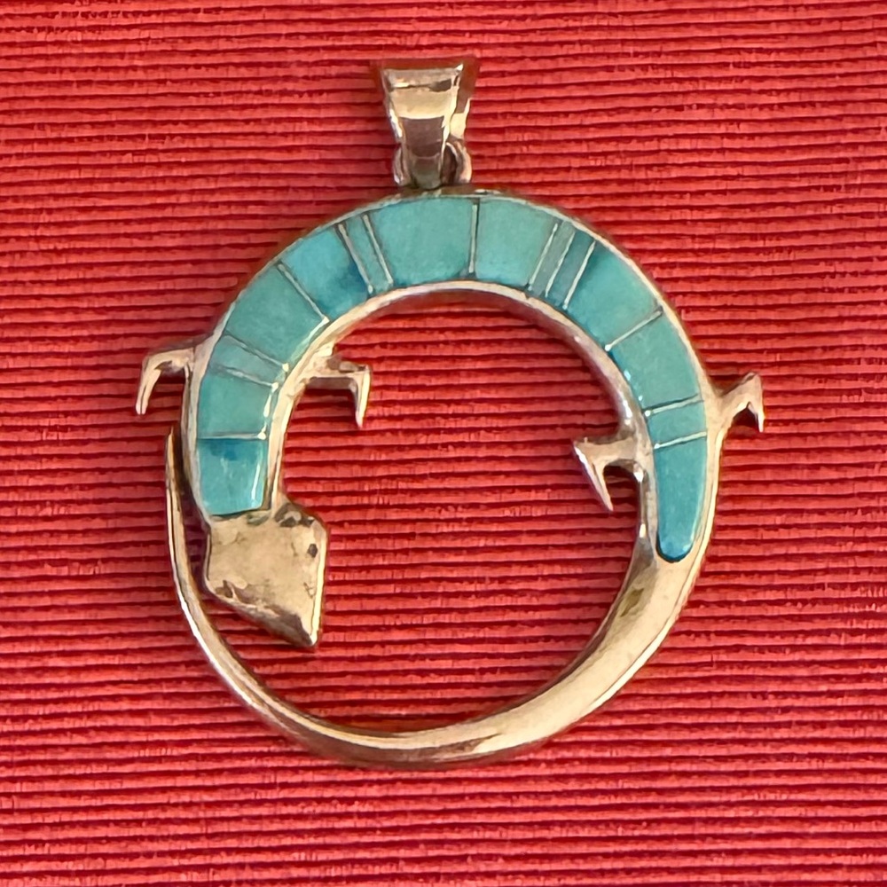 Native American salamander pendant. Sterling and turquoise. 2x1 1/2. Signed